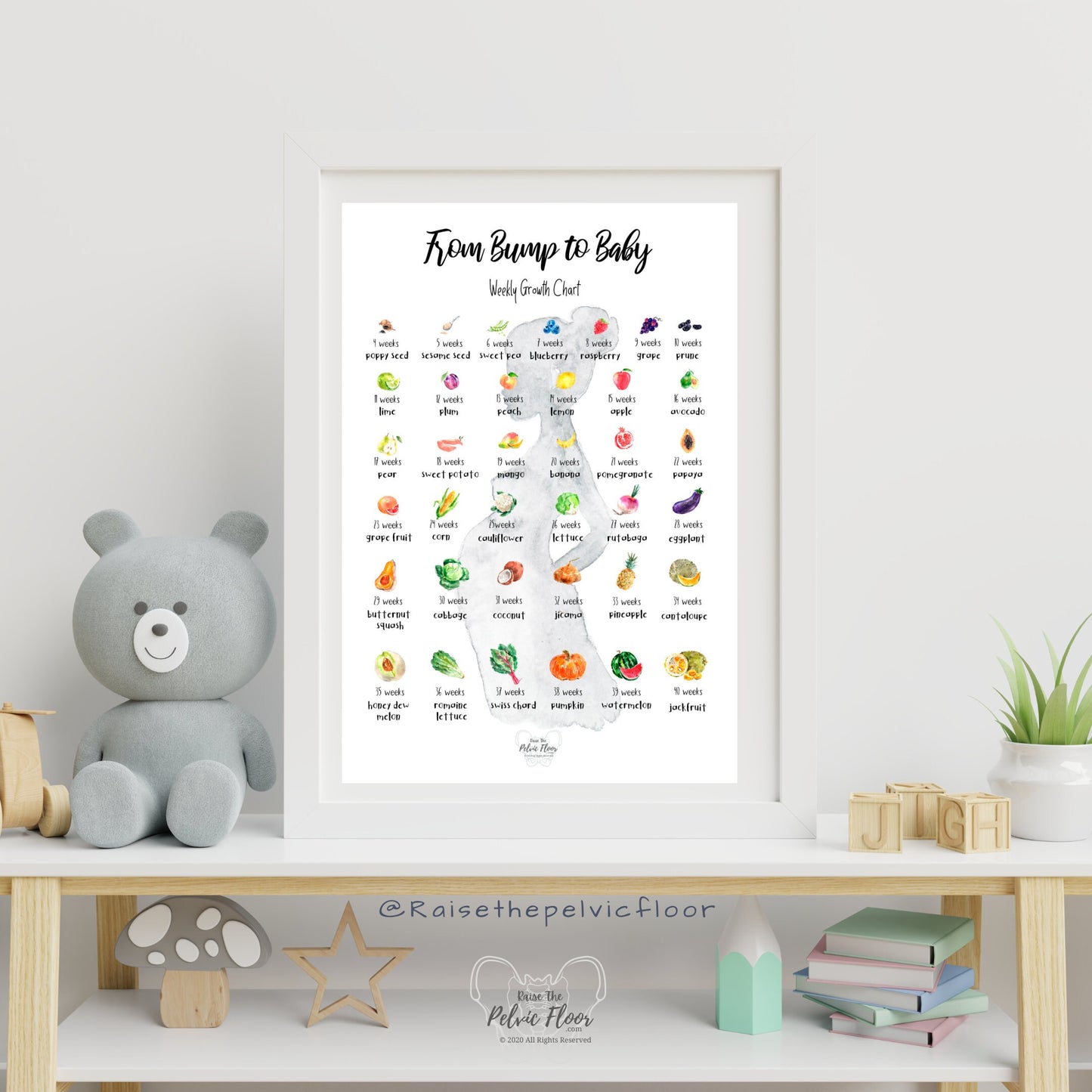 Bump to Baby- Pregnancy Art Weekly Fruit Growth Chart | Nursery Wall Poster Print