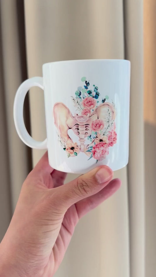 Pelvic Health Mug – 11oz | SI Joint + Floral Anatomy Design | Pelvic Floor Therapist Gift